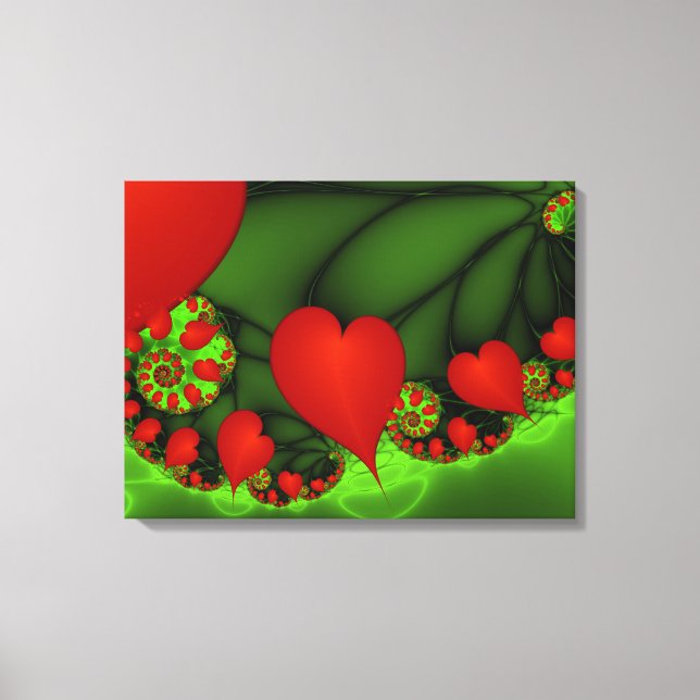Red Hearts Lime Green Modern Abstrakt Fractal Art Canvastryck (Framsida)