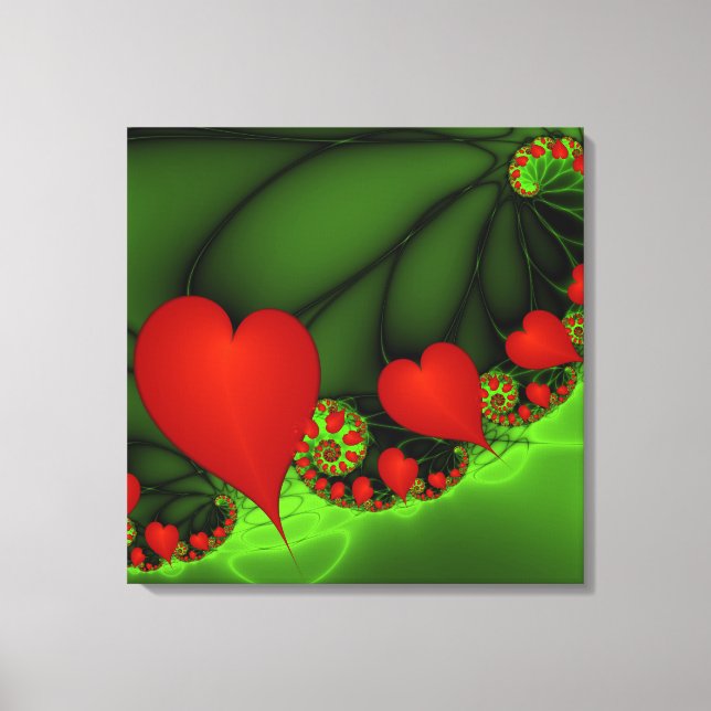 Red Hearts Lime Green Modern Abstrakt Fractal Art Canvastryck (Framsida)