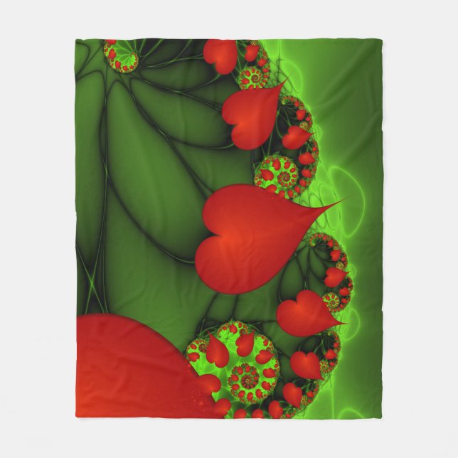 Red Hearts Lime Green Modern Abstrakt Fractal Art Fleecefilt (Framsidan)