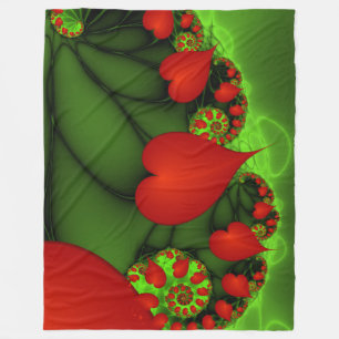 Red Hearts Lime Green Modern Abstrakt Fractal Art Fleecefilt