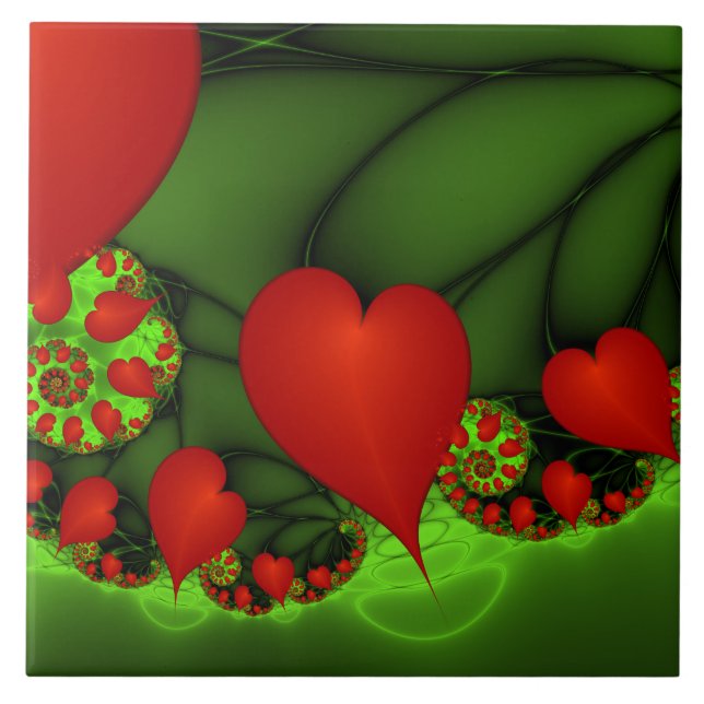 Red Hearts Lime Green Modern Abstrakt Fractal Art Kakelplatta (Framsidan)