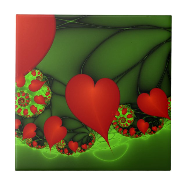 Red Hearts Lime Green Modern Abstrakt Fractal Art Kakelplatta (Framsidan)