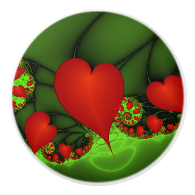 Red Hearts Lime Green Modern Abstrakt Fractal Art Knopp (Framsidan)