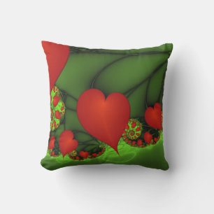 Red Hearts Lime Green Modern Abstrakt Fractal Art Kudde