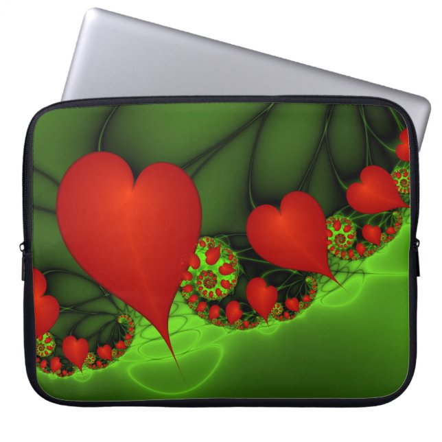 Red Hearts Lime Green Modern Abstrakt Fractal Art Laptop Fodral (Framsidan)
