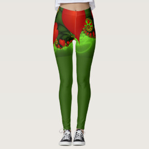 Red Hearts Lime Green Modern Abstrakt Fractal Art Leggings