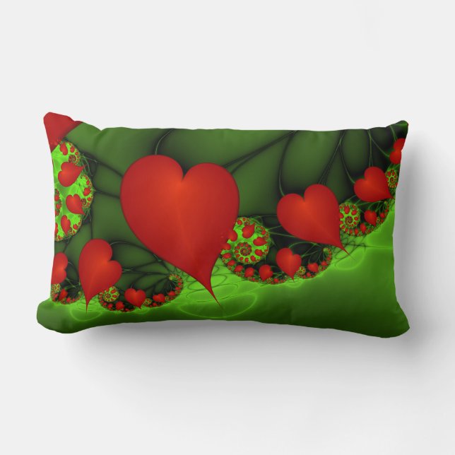 Red Hearts Lime Green Modern Abstrakt Fractal Art Lumbarkudde (Framsida)