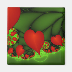 Red Hearts Lime Green Modern Abstrakt Fractal Art Magnet