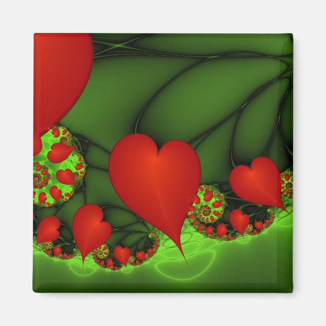 Red Hearts Lime Green Modern Abstrakt Fractal Art Magnet (Framsidan)