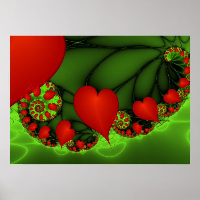 Red Hearts Lime Green Modern Abstrakt Fractal Art Poster (Framsidan)