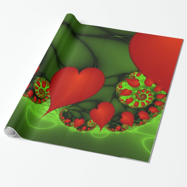 Red Hearts Lime Green Modern Abstrakt Fractal Art Presentpapper (Utrullad)