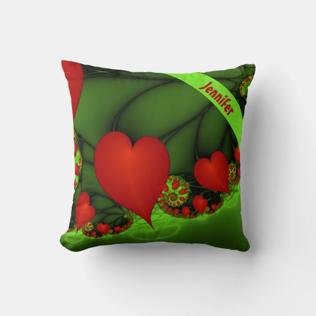 Red Hearts Lime Green Modern Abstrakt Fractal Namn Kudde (Framsida)