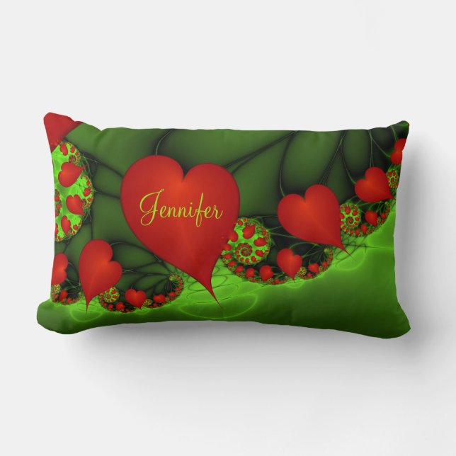 Red Hearts Lime Green Modern Abstrakt Fractal Namn Lumbarkudde (Framsida)