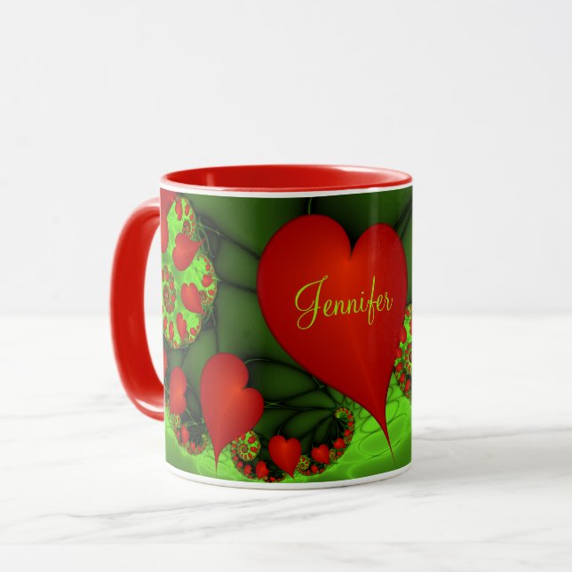 Red Hearts Lime Green Modern Abstrakt Fractal Namn Mugg (Framsida vänster)