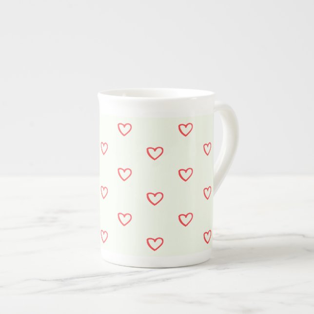 Red Hearts Mönster, Cute, Kärlek Benporslin Mugg (Framsida höger)