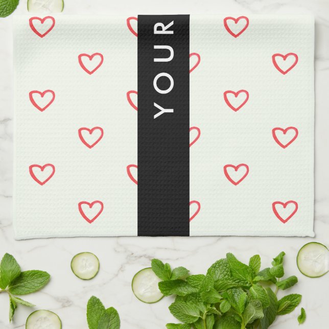 Red Hearts Mönster, Kärlek, ditt namn, anpassa Kökshandduk (Vikta)