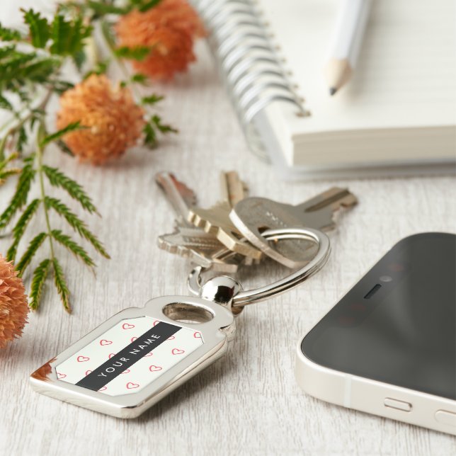 Red Hearts Mönster, Kärlek, ditt namn, anpassa Rektangulärt Silverfärgad Nyckelring (Sidan)