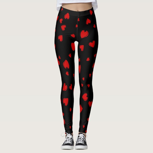 Red Hearts Mönster på Black Leggings (Framsida)