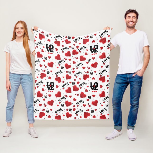 Red Hearts Mönster Valentine Day Fleecefilt (På plats)