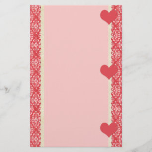 Red Hearts och Damask Ram Stationery Brevpapper