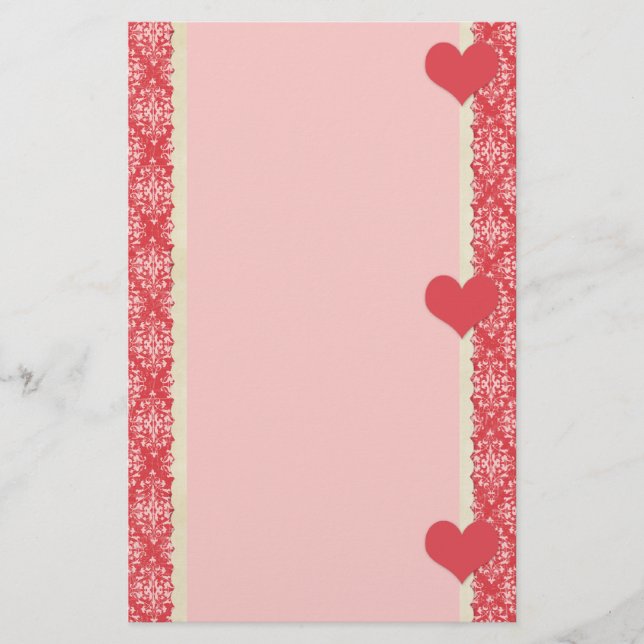 Red Hearts och Damask Ram Stationery Brevpapper (Framsida)