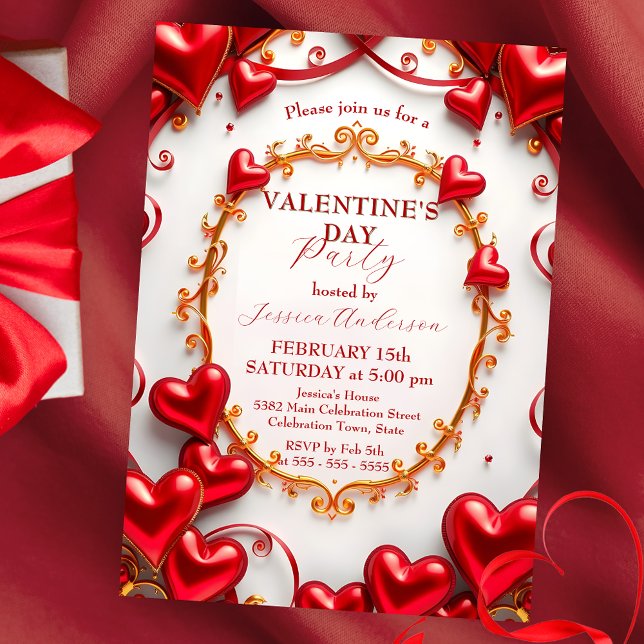 Red Hearts och Golden Swirls Valentine Day Party Inbjudningar (Skapare uppladdad)