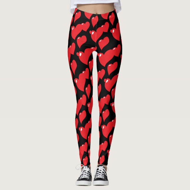 "Red Hearts on Black Background" Leggings (Framsida)