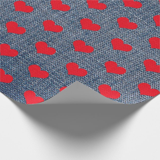 Red Hearts on Denim Wrapping Papper Presentpapper (Hörn)