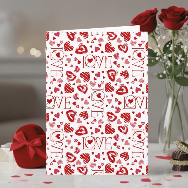 Red Hearts Pattern Love Script Happy Valentine's Kort (Skapare uppladdad)
