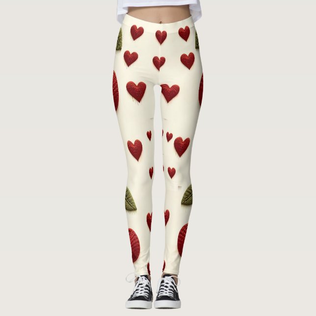 Red Hearts Pattern White Leggings - Romantic Valen (Framsida)