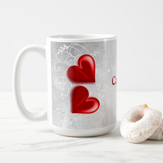 Red Hearts Personlig Coffee Mugg (Med munk)