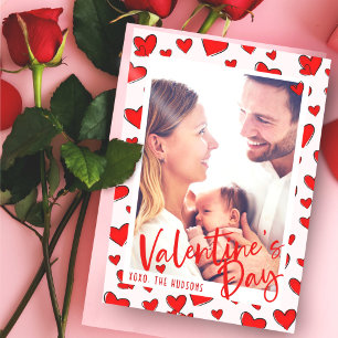 Red Hearts Photo Rosa Valentine Day Helgdag Card Julkort