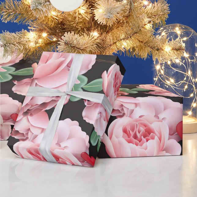 Red Hearts Presentpapper (Pink Roses Wrapping Paper with Red Hearts!)