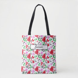 Red Hearts Rosa Flowers Tote Tygkasse