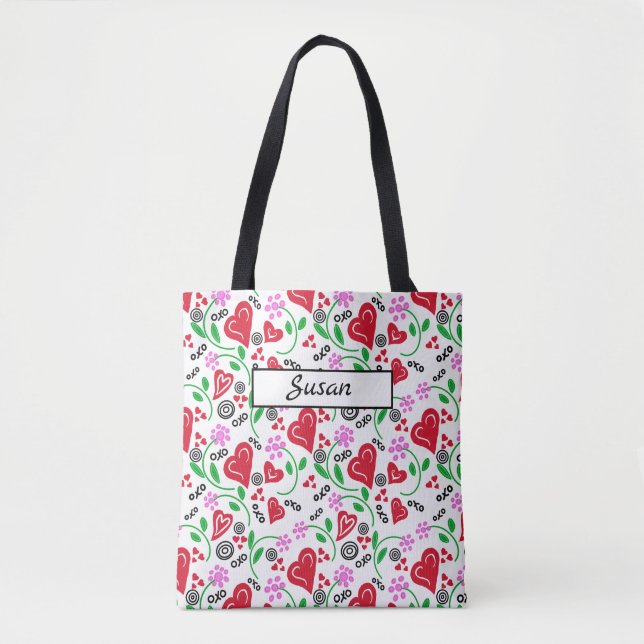 Red Hearts Rosa Flowers Tote Tygkasse (Framsida)