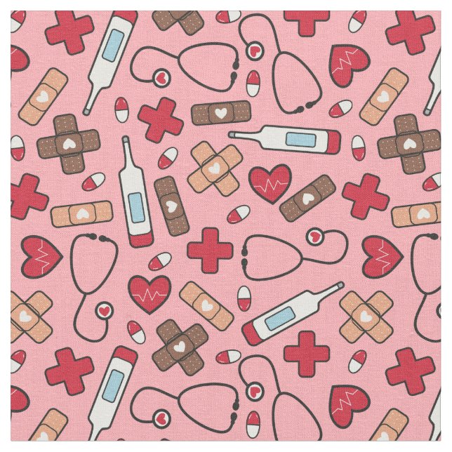 Red Hearts Rosa Nurse Doktor Mönster Tyg (Närbild)