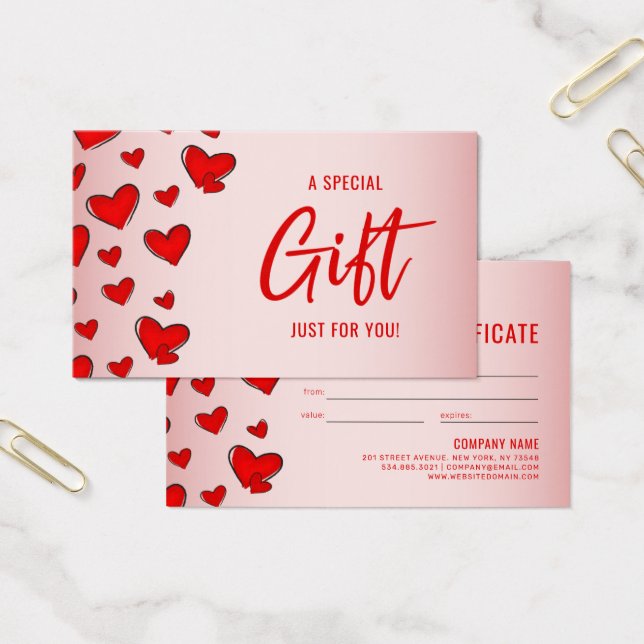 Red Hearts Rosa Valentine Day Gift Certificate Visitkort (Kontor)