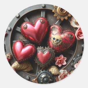 Red Hearts, Skull, Flowers Steampunk Runt Klistermärke