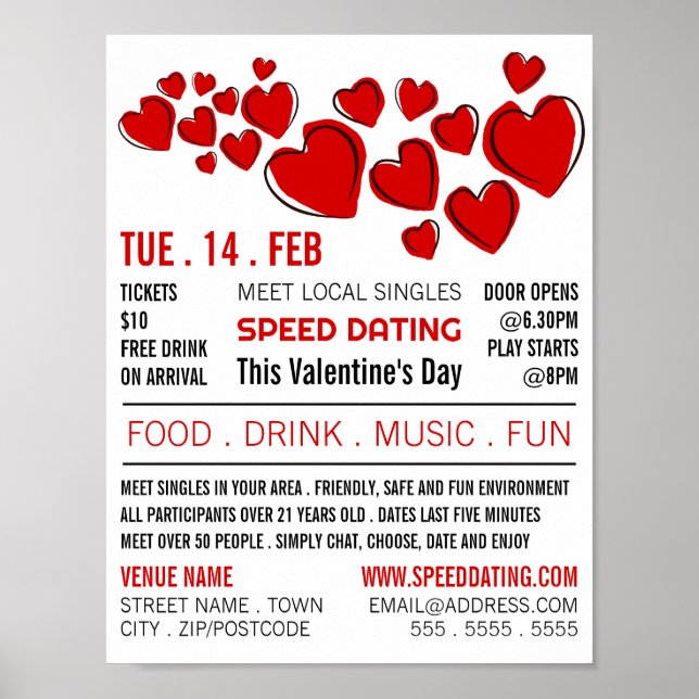 Red Hearts, Speed Dating Event Advertising Poster (Framsidan)