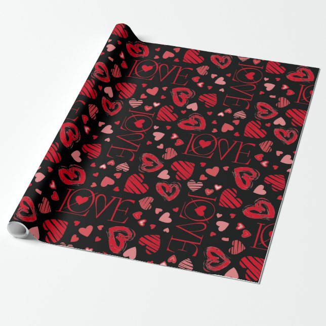 Red Hearts Valentine Day Kärlek Presentpapper (Utrullad)