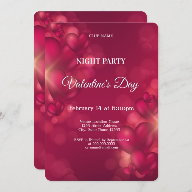 Red Hearts Valentine Day Night Party Inbjudningar (Fram/baksida)