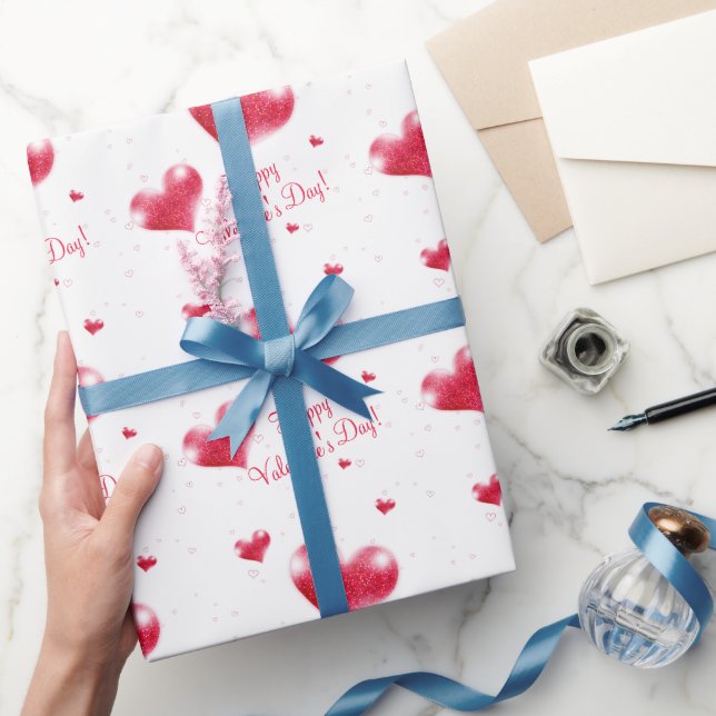 Red Hearts Valentine Day Wrapping Papper Presentpapper (Gåvor)