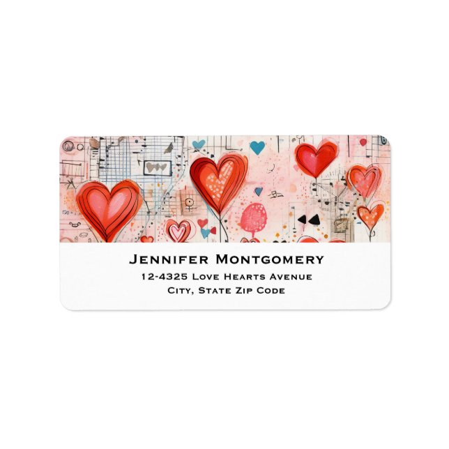 Red Hearts Whimsical Kärlek Mönster Adressetikett (Framsidan)