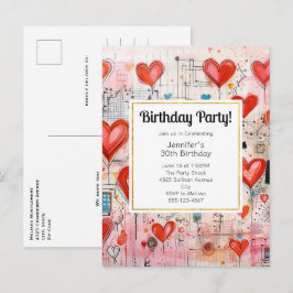 Red Hearts Whimsical Kärlek Mönster Birthday Inbju Inbjudan Vykort