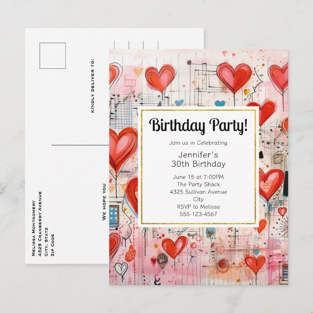 Red Hearts Whimsical Kärlek Mönster Birthday Inbju Inbjudan Vykort (Fram/baksida)