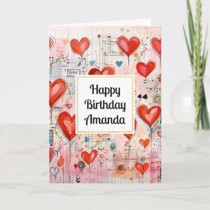 Red Hearts Whimsical Kärlek Mönster Birthday Kort