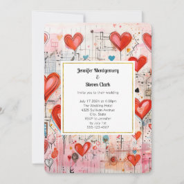 Red Hearts Whimsical Kärlek Mönster Bröllop Inbjudningar