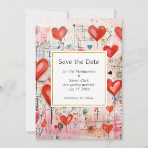 Red Hearts Whimsical Kärlek Mönster Bröllop Spara Datumet