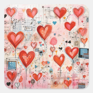 Red Hearts Whimsical Kärlek Mönster Fyrkantigt Klistermärke