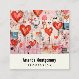 Red Hearts Whimsical Kärlek Mönster Fyrkantigt Visitkort